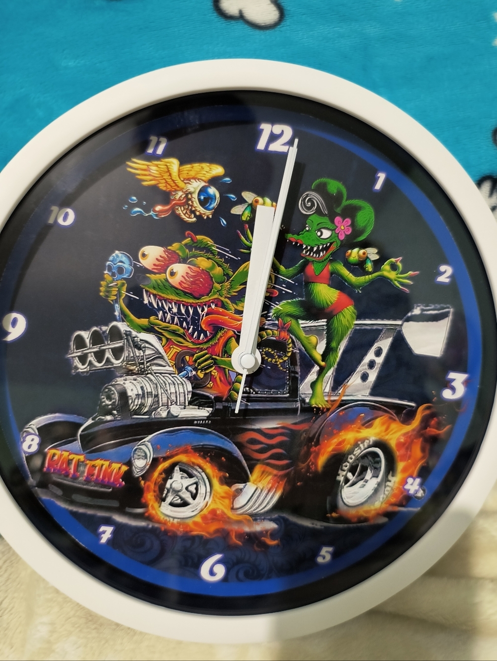 White Frame Wall Clock with Colorful Hot Rod Art
